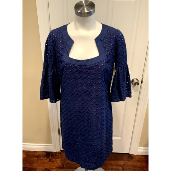 Trina Turk Navy Blue Eyelet Shift Dress W/ Dark Pink Lining, Size 8 (US) - Picture 1 of 6